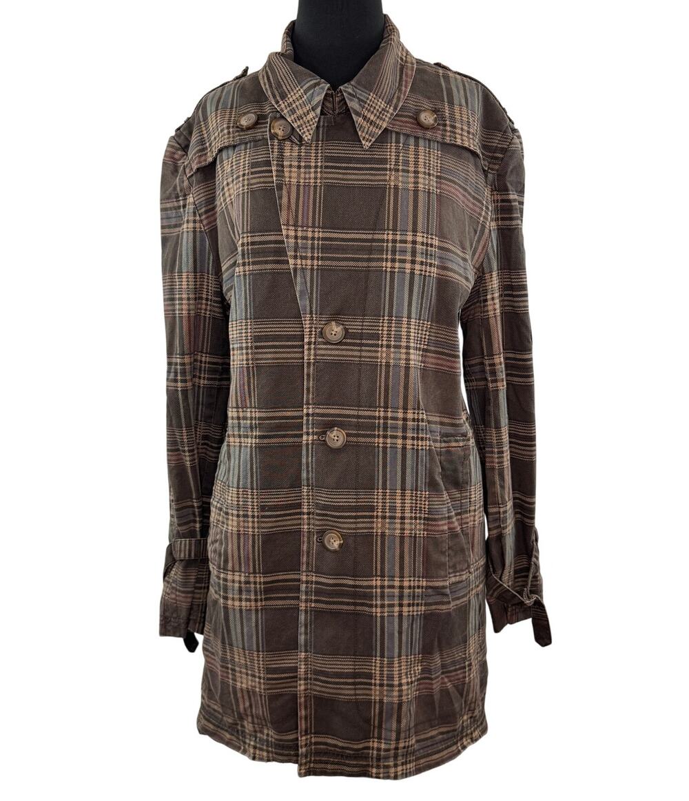Urban Outfitters Brown Trench Coat Cotton Plaid Collared Button-Up XL X-Large